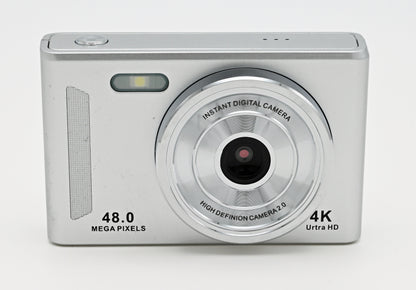Compact Digital Camera 48MP Silver Retro Style Point &amp; Shoot Camera with Games- USB Charging