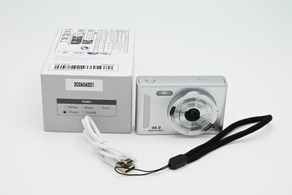 Compact Digital Camera 48MP Silver Retro Style Point &amp; Shoot Camera with Games- USB Charging